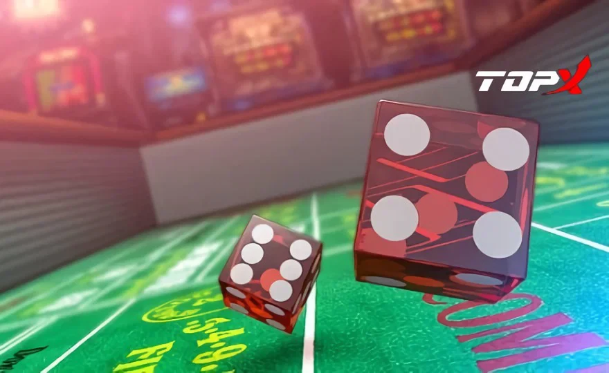 Dados em uma mesa de jogo com o logotipo da TopX