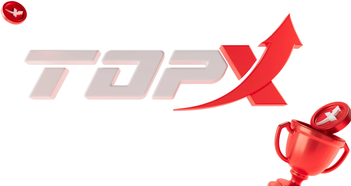 Logotipo da TopX em letras itálicas com uma seta vermelha e uma taça